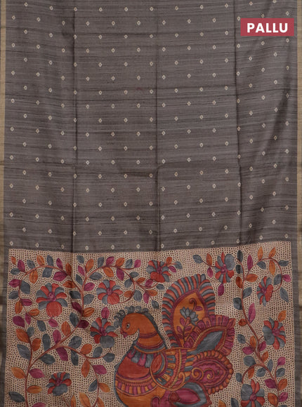 Semi tussar saree grey shade with bandhani butta prints and kalamkari prints & cut work pallu