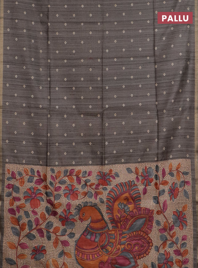 Semi tussar saree grey shade with bandhani butta prints and kalamkari prints & cut work pallu