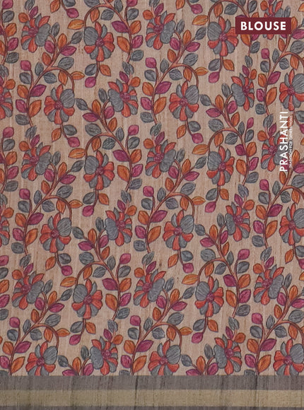 Semi tussar saree grey shade with bandhani butta prints and kalamkari prints & cut work pallu