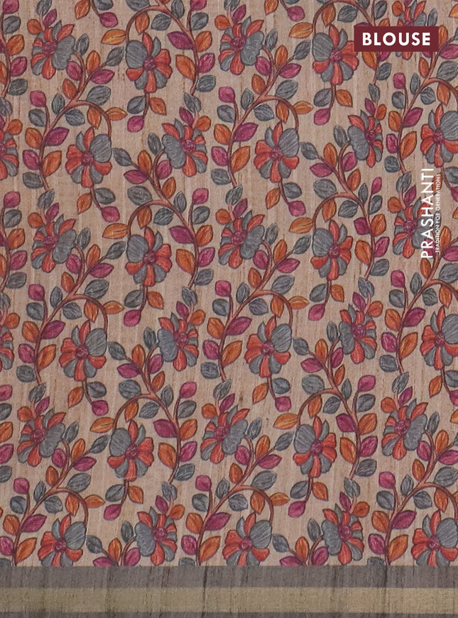 Semi tussar saree grey shade with bandhani butta prints and kalamkari prints & cut work pallu