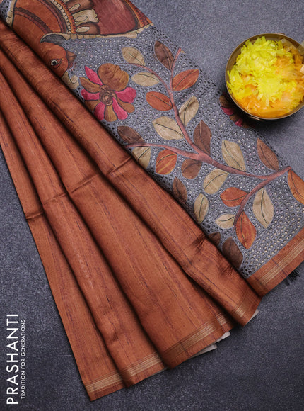 Semi tussar saree rust shade with bandhani butta prints and kalamkari prints & cut work pallu