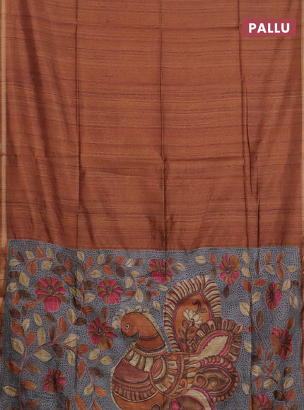 Semi tussar saree rust shade with bandhani butta prints and kalamkari prints & cut work pallu