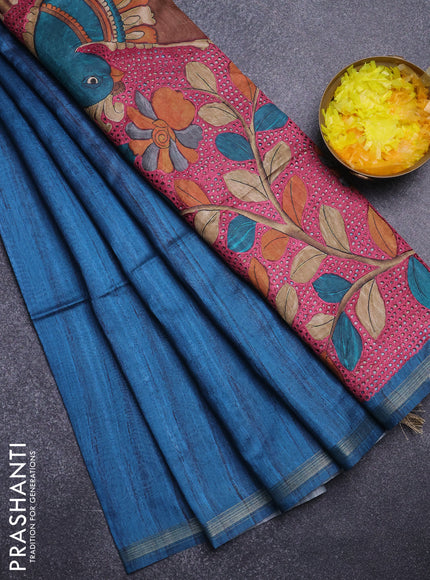 Semi tussar saree peacock blue with bandhani butta prints and kalamkari prints & cut work pallu