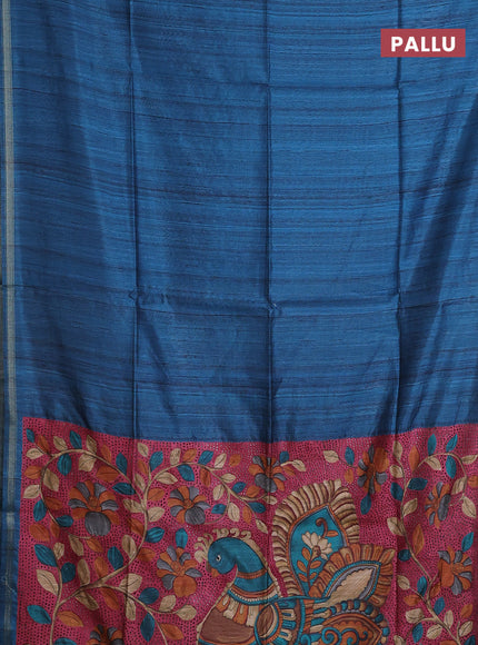 Semi tussar saree peacock blue with bandhani butta prints and kalamkari prints & cut work pallu
