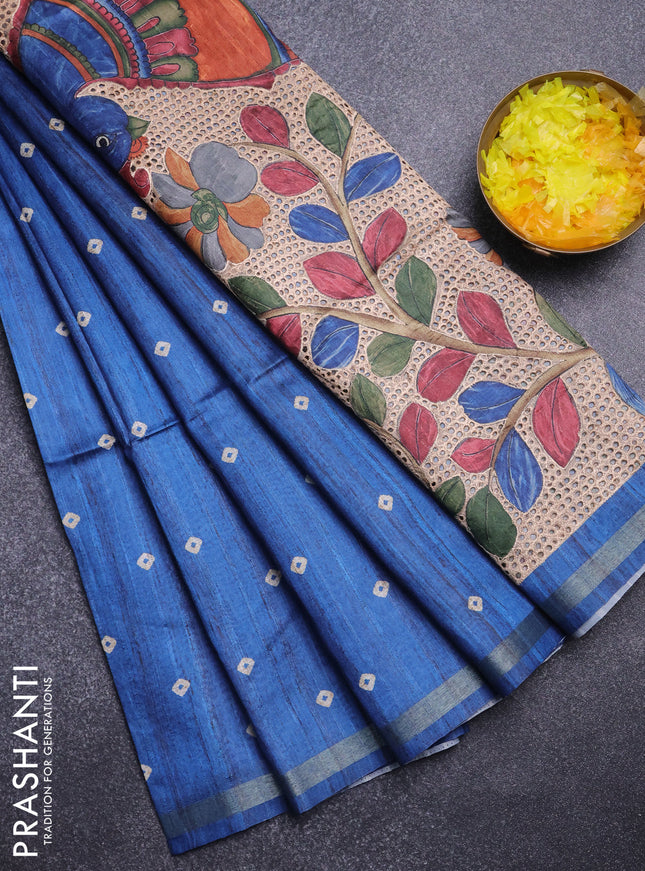 Semi tussar saree peacock blue with bandhani butta prints and kalamkari prints & cut work pallu