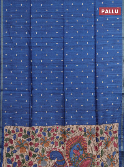 Semi tussar saree peacock blue with bandhani butta prints and kalamkari prints & cut work pallu