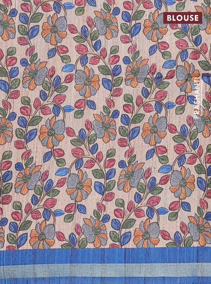 Semi tussar saree peacock blue with bandhani butta prints and kalamkari prints & cut work pallu