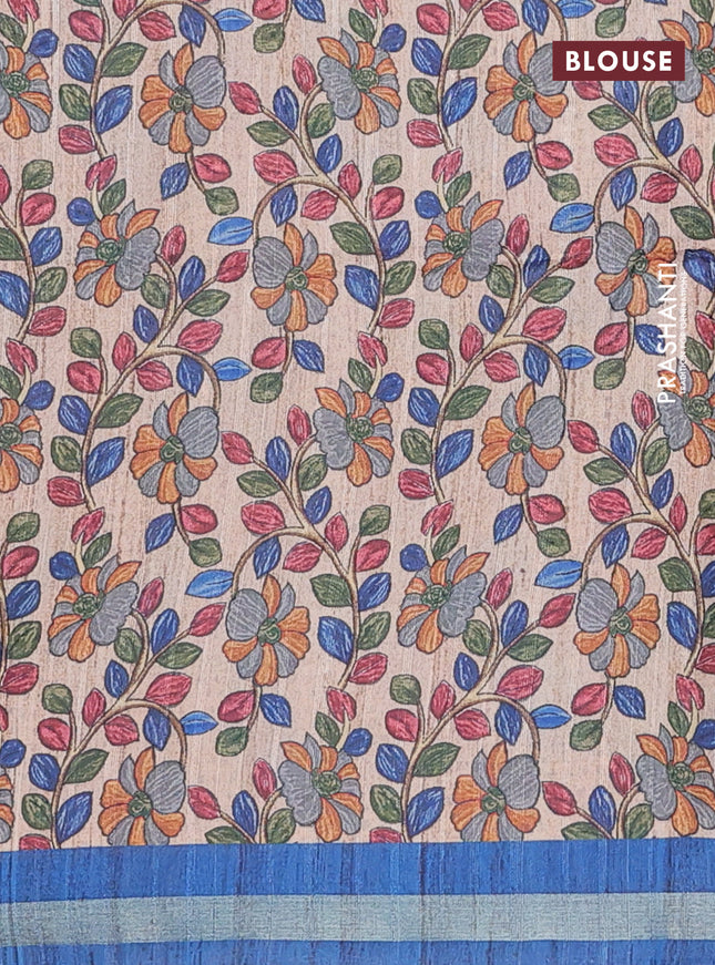 Semi tussar saree peacock blue with bandhani butta prints and kalamkari prints & cut work pallu