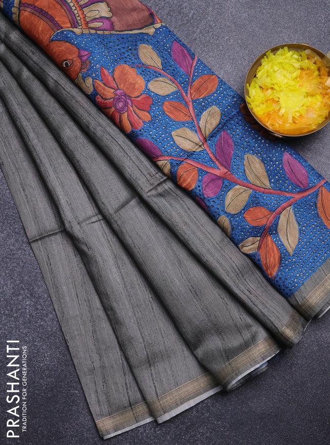 Semi tussar saree grey shade with bandhani butta prints and kalamkari prints & cut work pallu