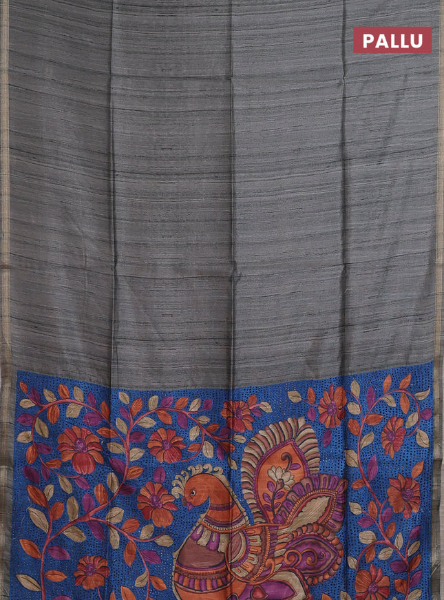 Semi tussar saree grey shade with bandhani butta prints and kalamkari prints & cut work pallu