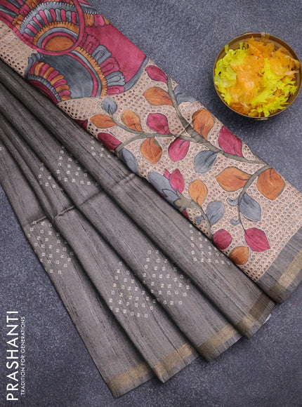 Semi tussar saree grey with bandhani butta prints and kalamkari prints & cut work pallu