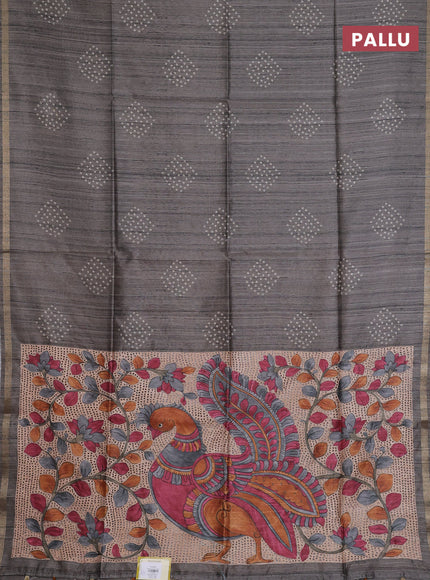 Semi tussar saree grey with bandhani butta prints and kalamkari prints & cut work pallu