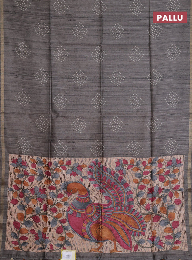 Semi tussar saree grey with bandhani butta prints and kalamkari prints & cut work pallu