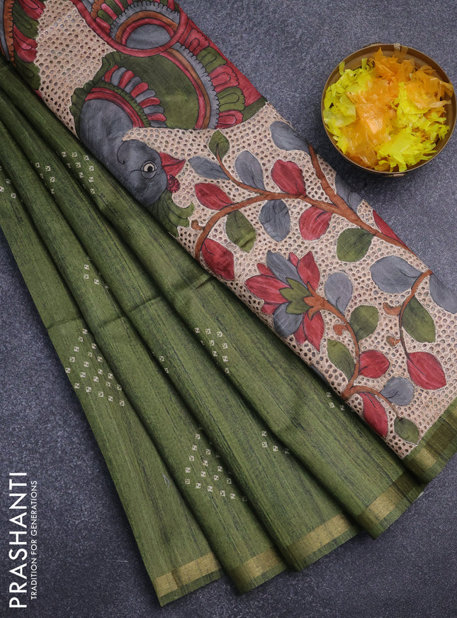 Semi tussar saree sap green with bandhani butta prints and kalamkari prints & cut work pallu