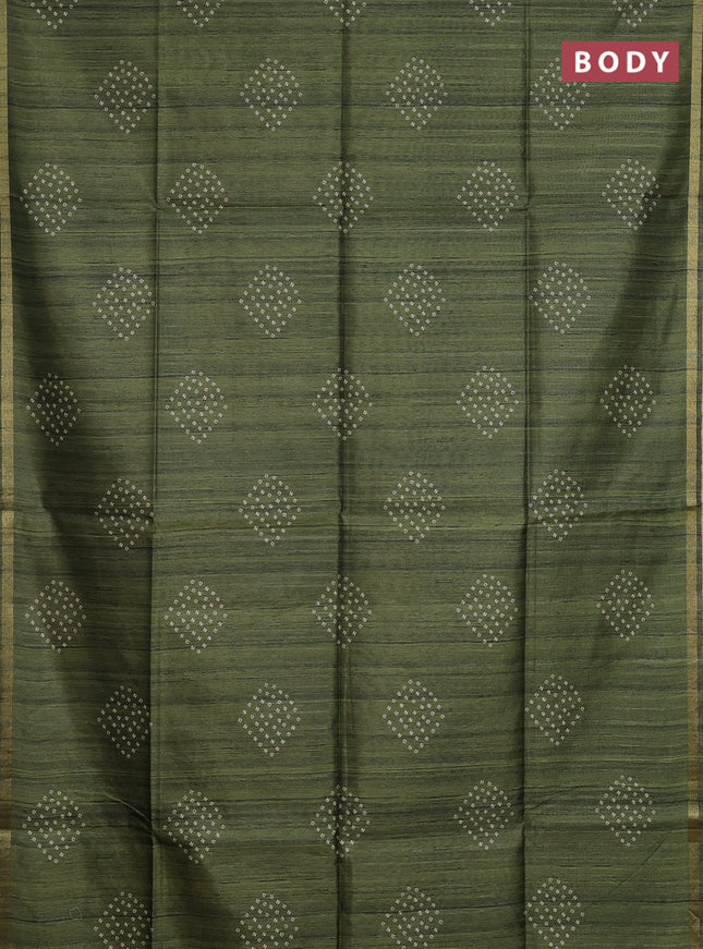 Semi tussar saree sap green with bandhani butta prints and kalamkari prints & cut work pallu