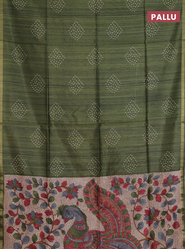 Semi tussar saree sap green with bandhani butta prints and kalamkari prints & cut work pallu