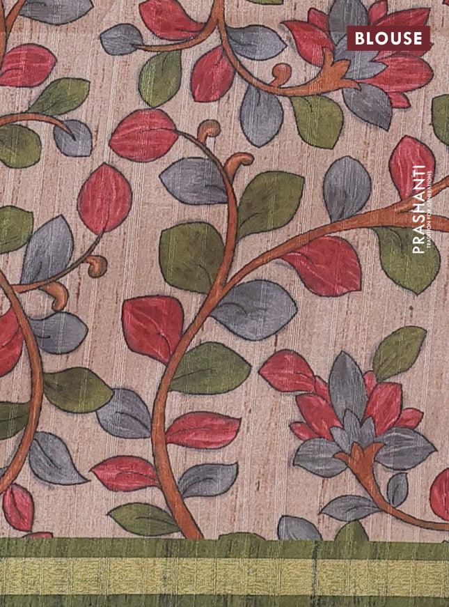 Semi tussar saree sap green with bandhani butta prints and kalamkari prints & cut work pallu