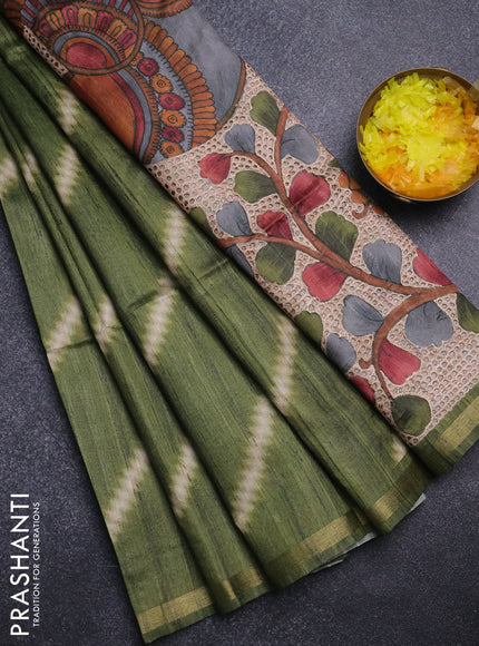 Semi tussar saree sap green with leheriya prints and kalamkari prints & cut work pallu