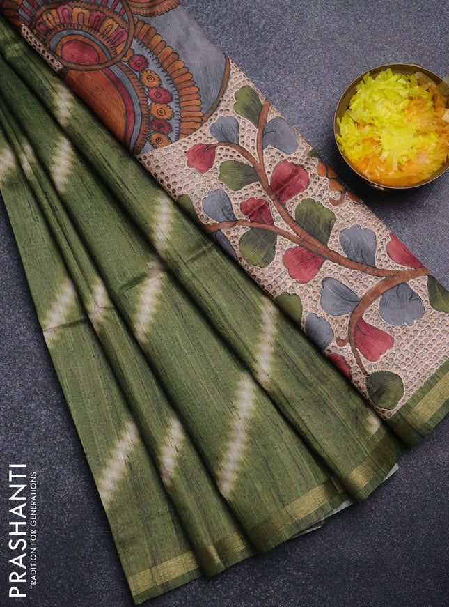 Semi tussar saree sap green with leheriya prints and kalamkari prints & cut work pallu
