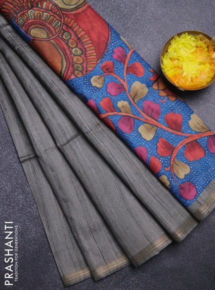 Semi tussar saree grey with plain body and kalamkari prints & cut work pallu