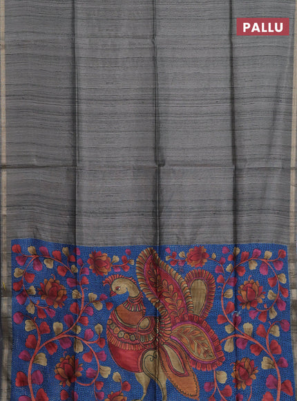 Semi tussar saree grey with plain body and kalamkari prints & cut work pallu
