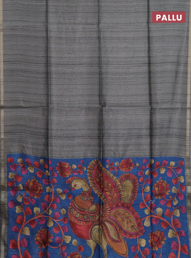 Semi tussar saree grey with plain body and kalamkari prints & cut work pallu