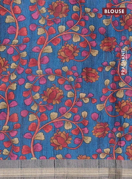 Semi tussar saree grey with plain body and kalamkari prints & cut work pallu