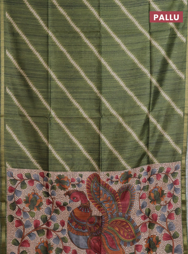 Semi tussar saree sap green with leheriya prints and kalamkari prints & cut work pallu