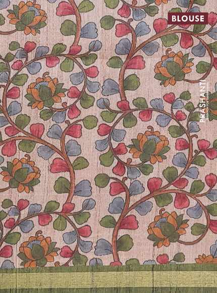 Semi tussar saree sap green with leheriya prints and kalamkari prints & cut work pallu