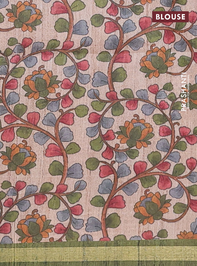 Semi tussar saree sap green with leheriya prints and kalamkari prints & cut work pallu