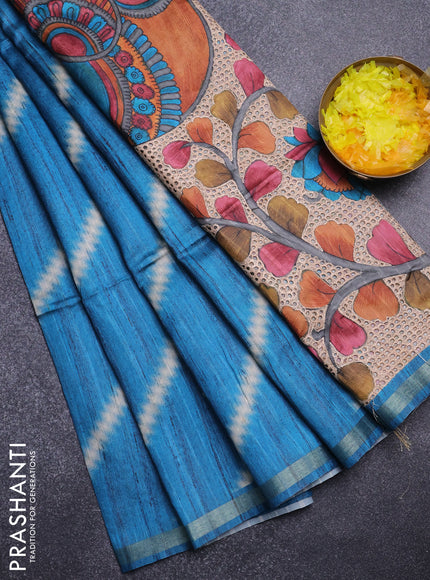 Semi tussar saree cs blue with leheriya prints and kalamkari prints & cut work pallu