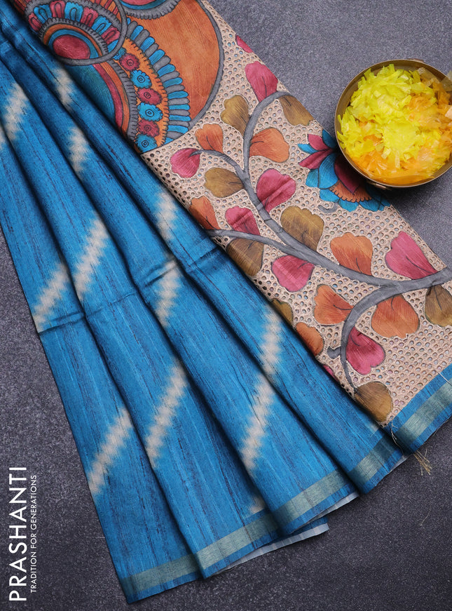 Semi tussar saree cs blue with leheriya prints and kalamkari prints & cut work pallu