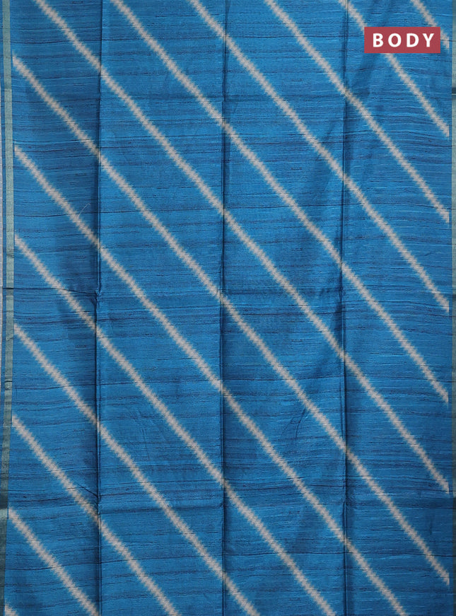 Semi tussar saree cs blue with leheriya prints and kalamkari prints & cut work pallu