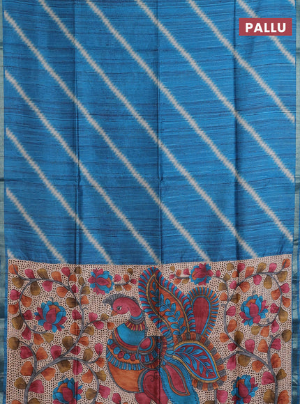 Semi tussar saree cs blue with leheriya prints and kalamkari prints & cut work pallu