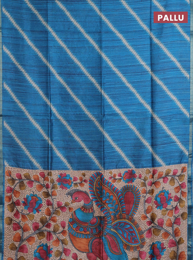 Semi tussar saree cs blue with leheriya prints and kalamkari prints & cut work pallu