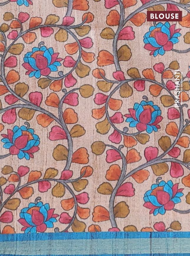 Semi tussar saree cs blue with leheriya prints and kalamkari prints & cut work pallu