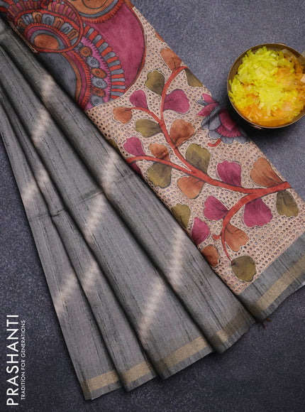 Semi tussar saree grey with leheriya prints and kalamkari prints & cut work pallu