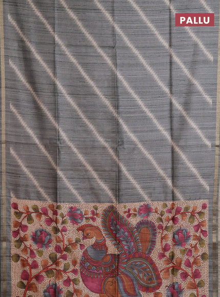 Semi tussar saree grey with leheriya prints and kalamkari prints & cut work pallu