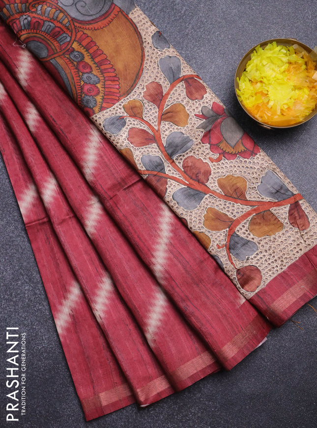 Semi tussar saree maroon with leheriya prints and kalamkari prints & cut work pallu