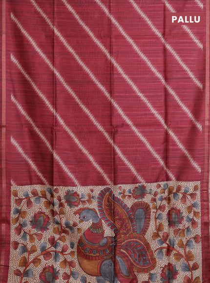 Semi tussar saree maroon with leheriya prints and kalamkari prints & cut work pallu
