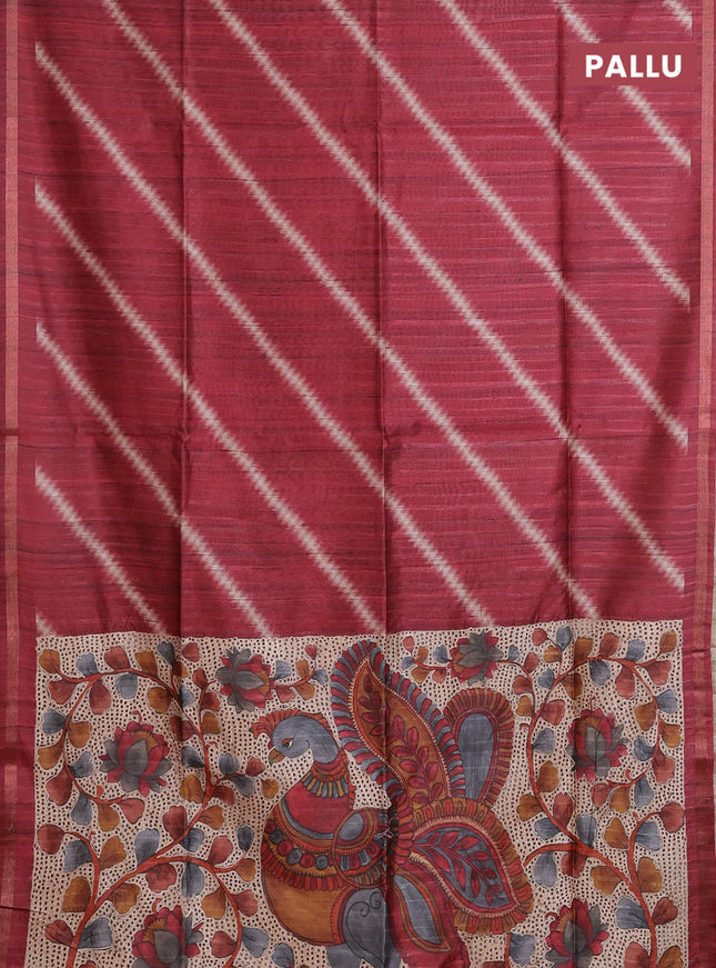 Semi tussar saree maroon with leheriya prints and kalamkari prints & cut work pallu