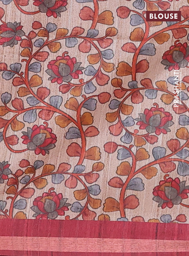 Semi tussar saree maroon with leheriya prints and kalamkari prints & cut work pallu