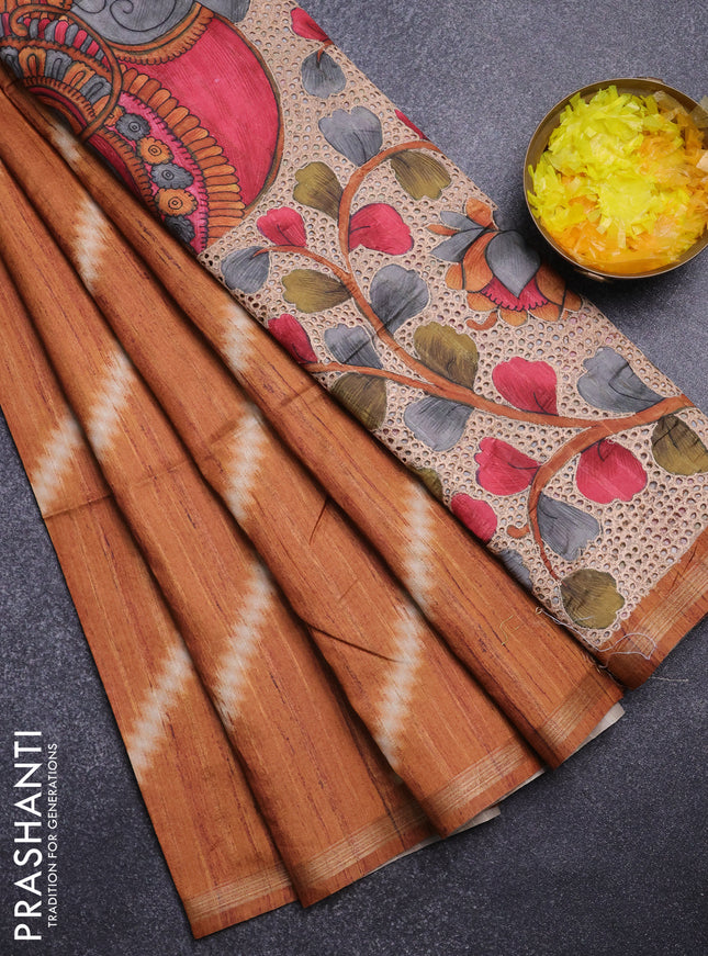 Semi tussar saree orange with leheriya prints and kalamkari prints & cut work pallu