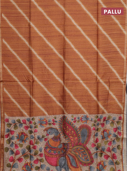 Semi tussar saree orange with leheriya prints and kalamkari prints & cut work pallu