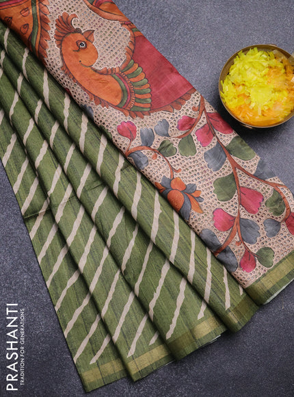 Semi tussar saree sap green with leheriya prints and kalamkari prints & cut work pallu