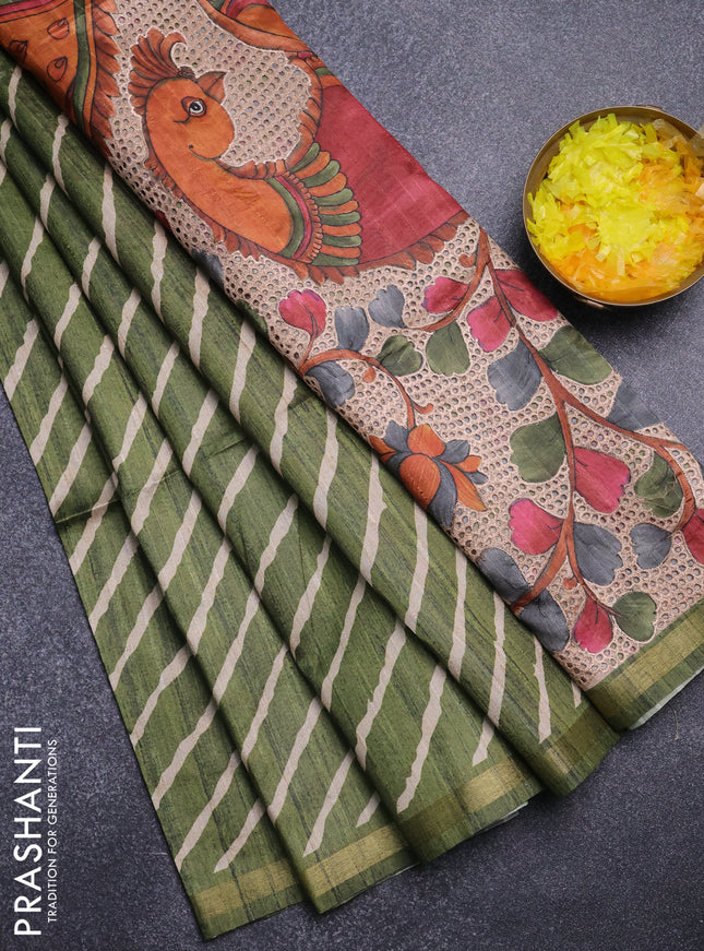 Semi tussar saree sap green with leheriya prints and kalamkari prints & cut work pallu