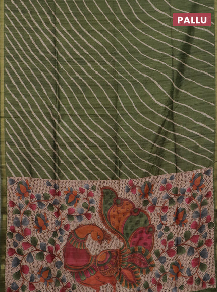 Semi tussar saree sap green with leheriya prints and kalamkari prints & cut work pallu