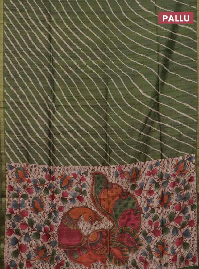 Semi tussar saree sap green with leheriya prints and kalamkari prints & cut work pallu