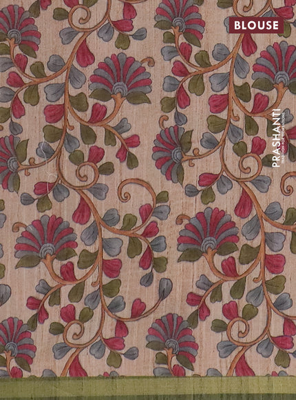 Semi tussar saree sap green with leheriya prints and kalamkari prints & cut work pallu