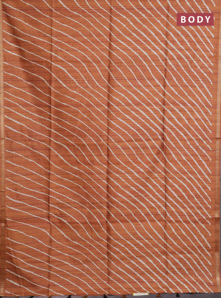 Semi tussar saree rust shade with leheriya prints and kalamkari prints & cut work pallu